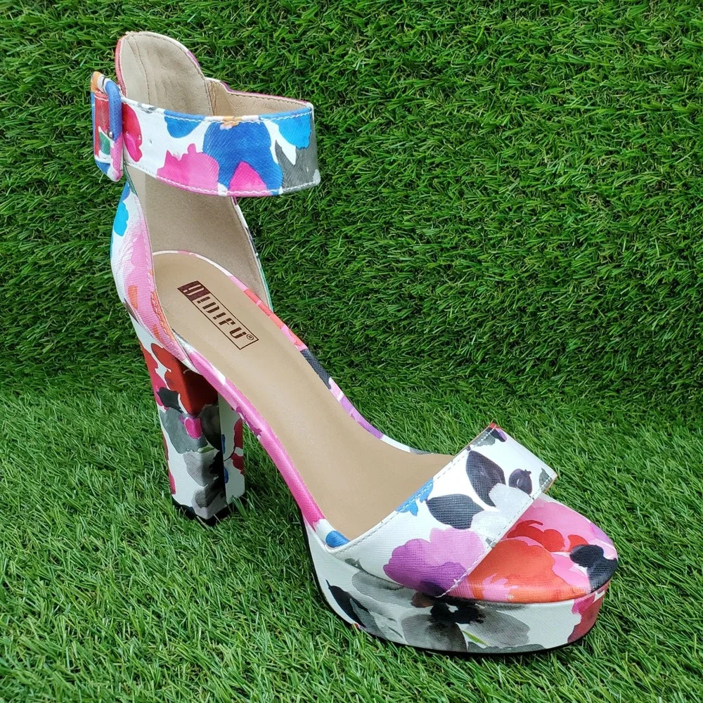 IDIFU IN5 Sabrina SIZE 8 Women's Floral Platform Chunky Heels Purple Multi